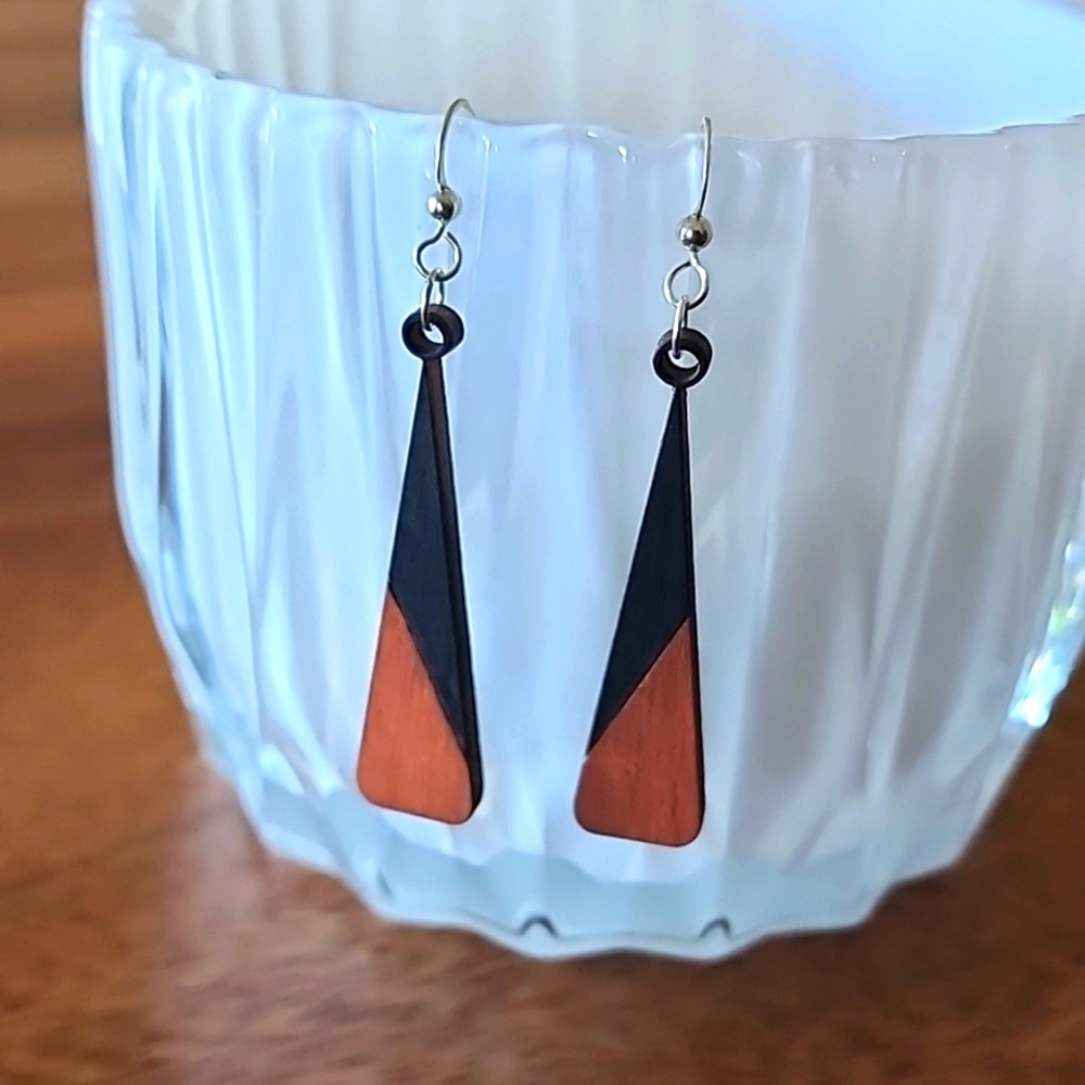 Wooden Hand Painted Sterling Silver Dangle Earrings